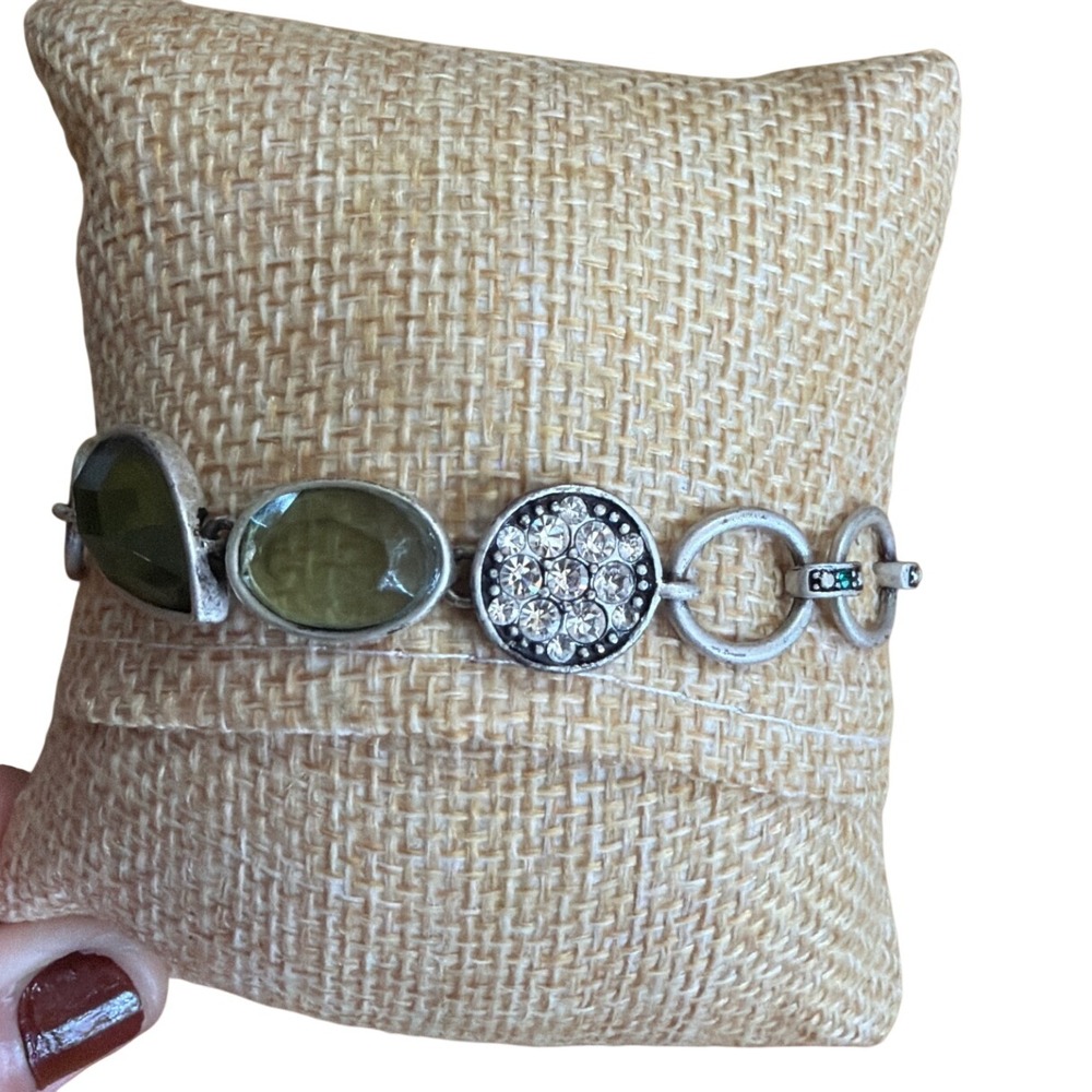 Silver Tone Sage Green Stone Rhinestone Toggle Link Bracelet Mixed Metal Earthy